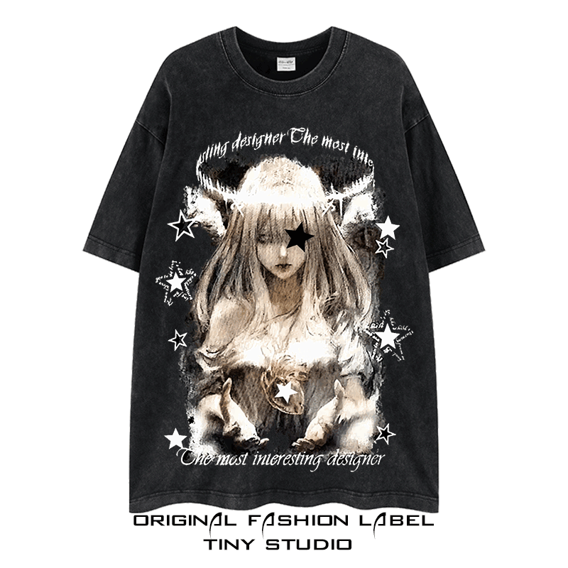 Trendy Washed Dark Abi Style Short Sleeve Distressed Anime