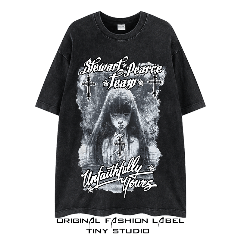 Trendy Washed Dark Abi Style Short Sleeve Distressed Anime