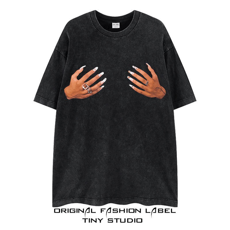 Fashion Street Vintage Trendy Dark Hiphop Finger Washed Distressed Short Sleeve Hip Hop Retro Loose T-Shirt