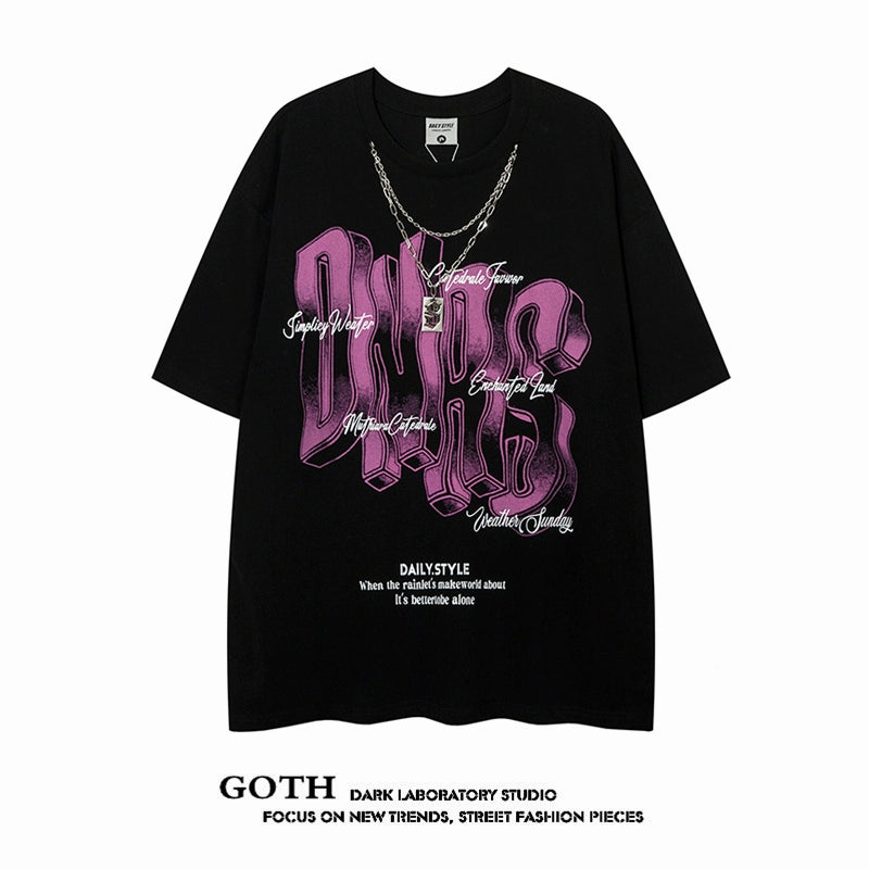 Trendy Gothic Graffiti Necklace Stylish Short Sleeve T-Shirt