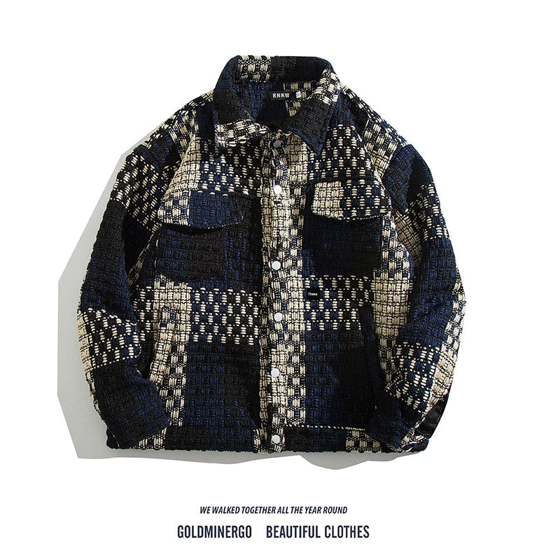 Fashion Hiphop Woven Gingham Jacket Men's Trendy Loose Handsome Fried Street Fancy Classic Style Woolen Outwear